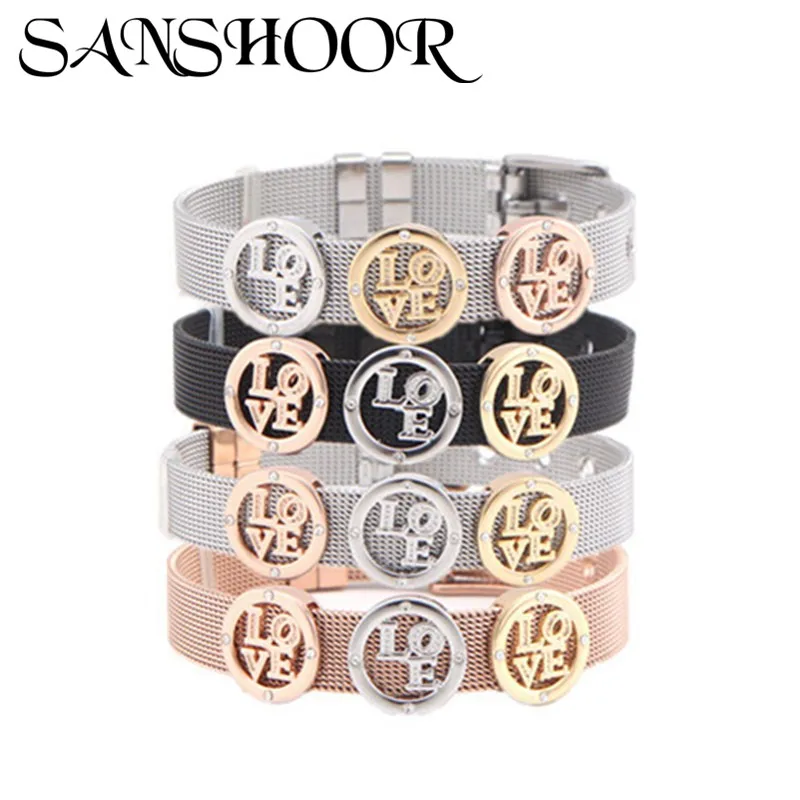 

Dropshipping SANSHOOR Fashion Stainless Steel 10mm Women Mesh Bracelet with Shining Love Pattern Charms For Female Bangle