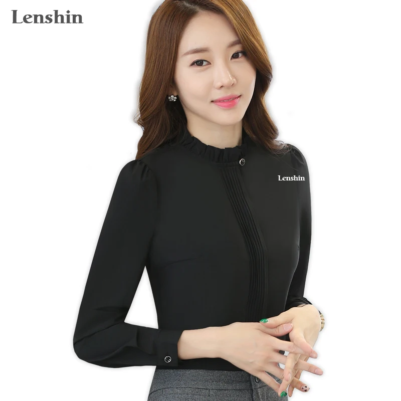

Lenshin Stand Collar Black Shirt Female Blouses Elegant Women Wear Long Sleeves Office Lady Top