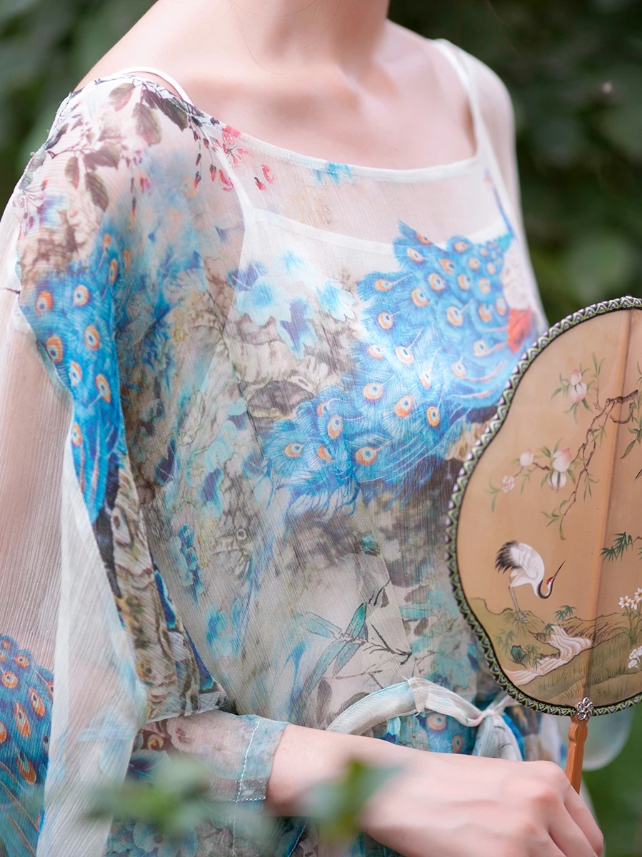 Линетт's chinoisery Летние оригинальные дизайнерские женские Ультра свободные шелковые платья с принтом павлина