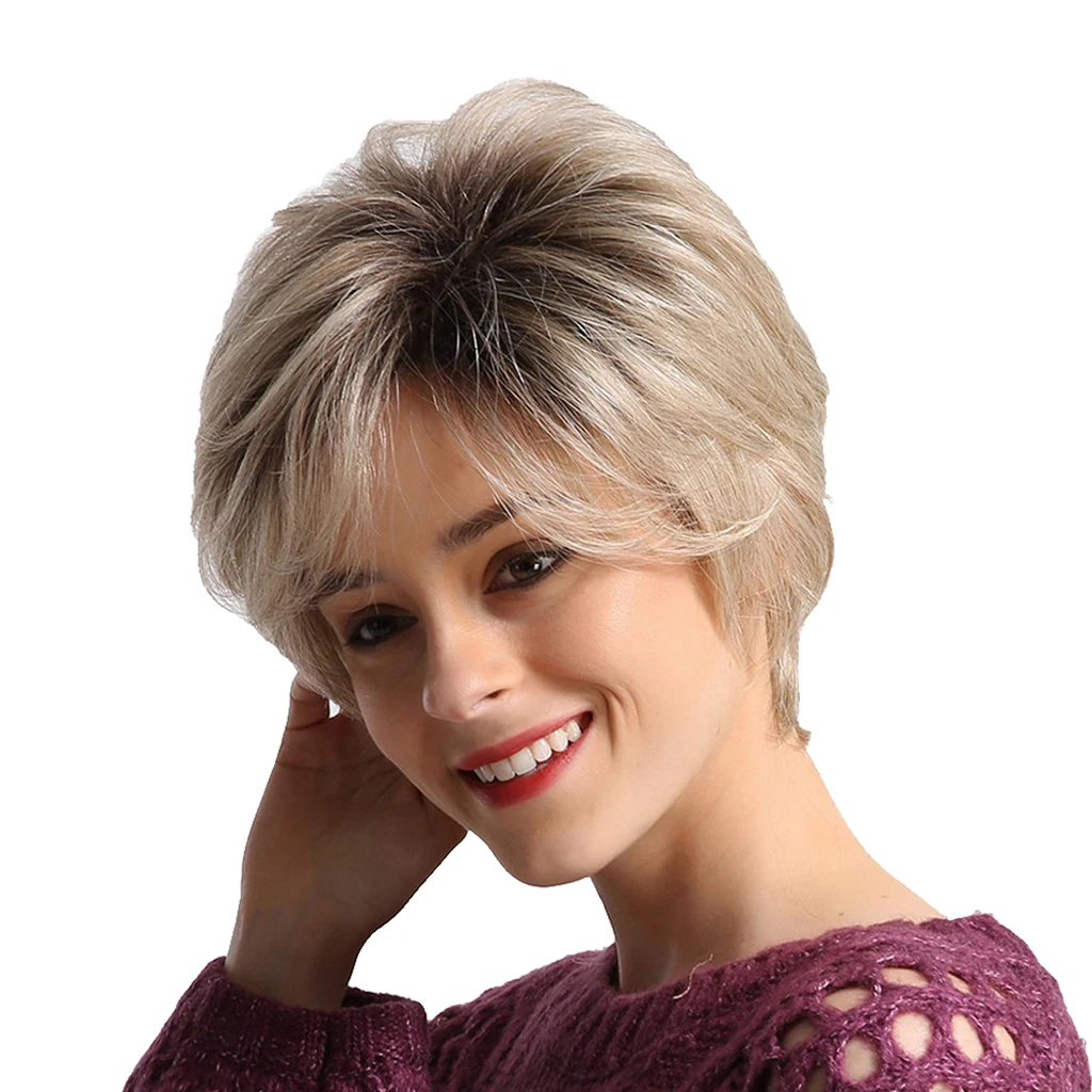 

12 inch Soft and Comfortable Layered Short Wigs Straight Human Hair Wig Golden Hair Wigs