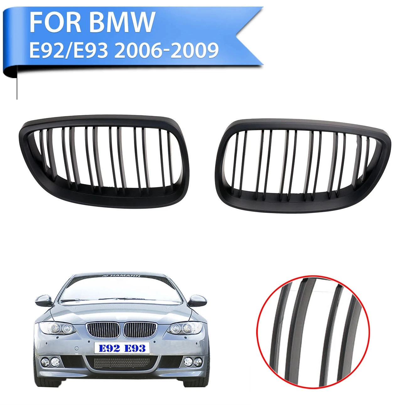 

For BMW E92 E93 3-Series 328i 335i M3 2DOOR 2007-2010 Front Kidney Grilles Double Line Slat Grill Matte Black Car Styling #P334