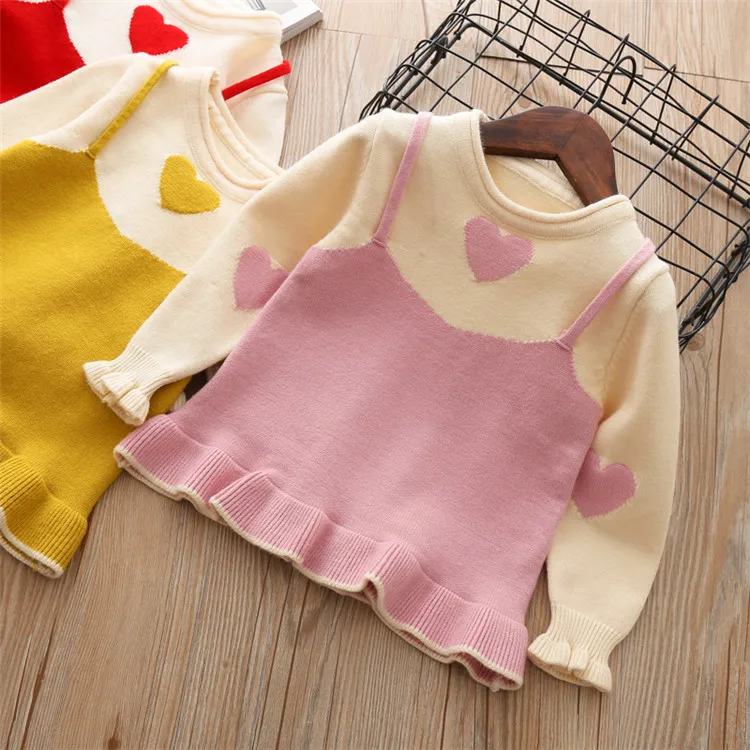 Fanfiluca Toddler Girls Sweaters Fake two Piece Heart  Outerwear Children Round Collar Pullovers Baby Girl Cotton Knit Sweaters0002