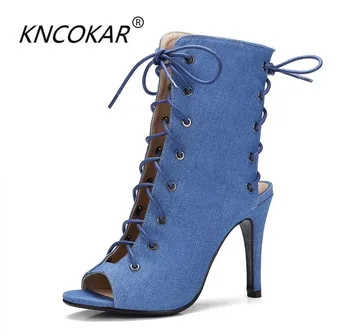 

Fashion sandals female 2017 cutout lacing open toe thin heels high-heeled shoes sexy denim boots cool boots female