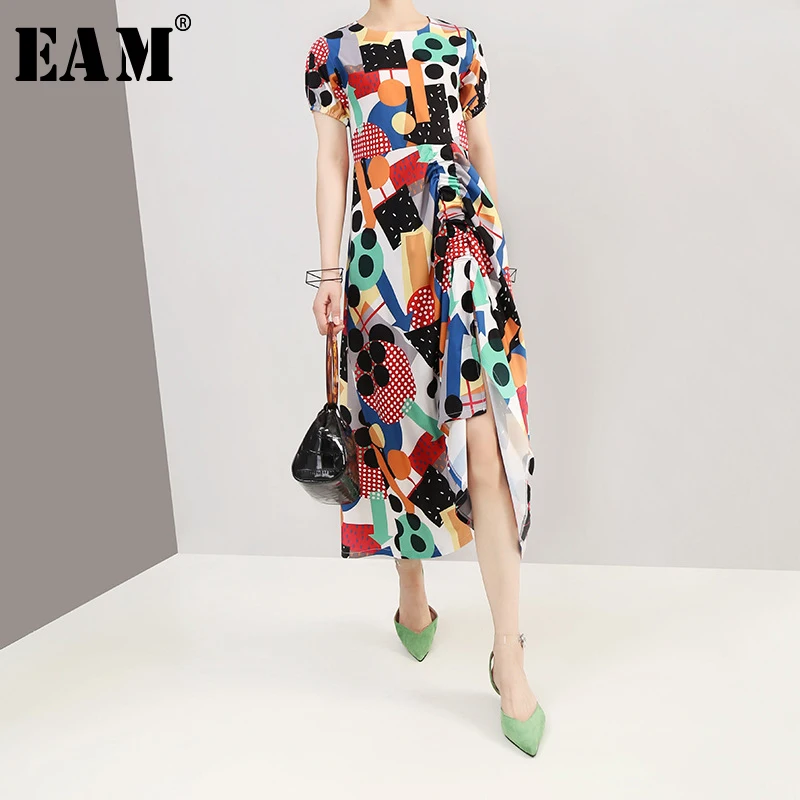 

[EAM] 2019 New Spring Summer Round Neck Short Elastic Sleeve Pattern Printed Side Vent Pleated Dress Women Fashion Tide JY768