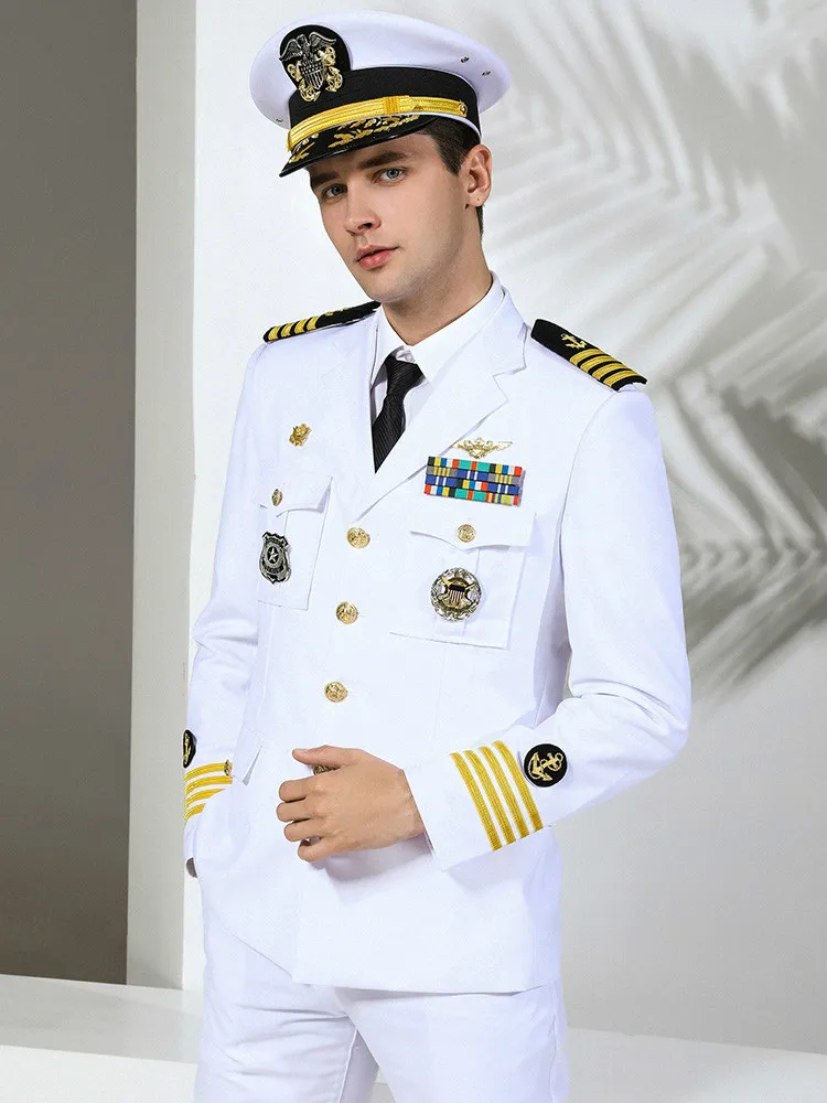High Quality Men Suirts Military Slim Fit Suit Navy uniform Fashion Brand Stage performance Captain clothing Party costumes