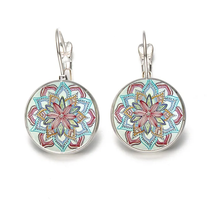 2018 New Classic Flower Mandala Om symbol Buddhist Zen Photo Glass Cabochon Earrings Vintage Tone Jewelry for Women