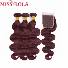 Miss Rola Hair Pre colord Brazilian Body Wave Hair Weaving 3 Bundles With Closure 99J Color
