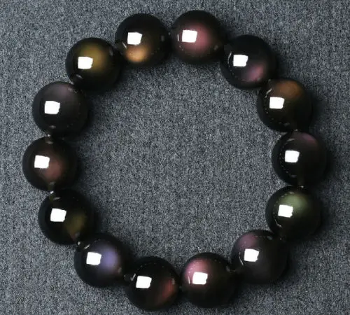 

Genuine Natural Black Obsidian Rainbow Light 12mm Gemstone Bracelet Round Beads Stretch Bracelets Man Lady AAAAA