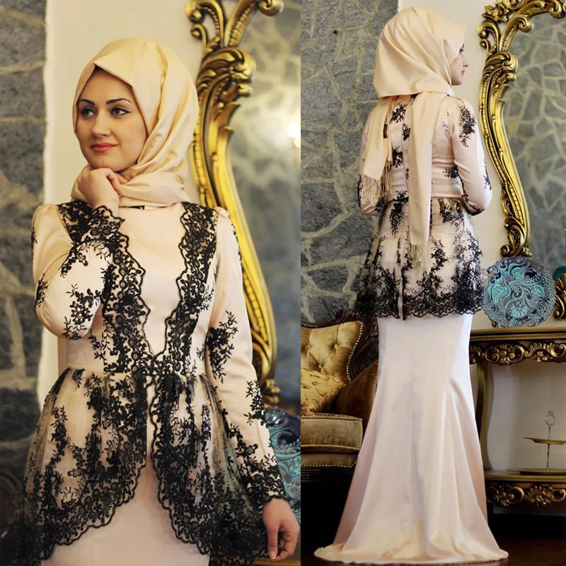 Long Sleeve font b Hijab b font Evening Dress with Lace Appliques Saudi Arabia Islamic Formal