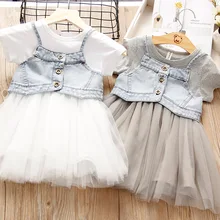 Новинка года, комплект летней одежды для маленьких девочек, платье-пачка с короткими рукавами+ джинсовый жилет комплект из 2 предметов, Детские повседневные платья принцессы для девочек, комплекты одежды