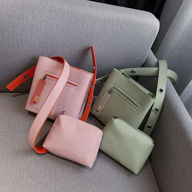 Female bag split leather bucket handbag high quality child large capacity shoulder word powder green color Messenger | Багаж и сумки