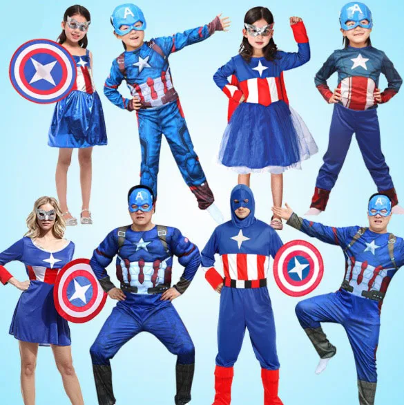Семья подходящая друг к другу одежда Капитан Америка костюмы для косплея для девочек и мальчиков Одежда для мамы, папы и Хэллоуин Семья маскарадный костюм платье SA1360