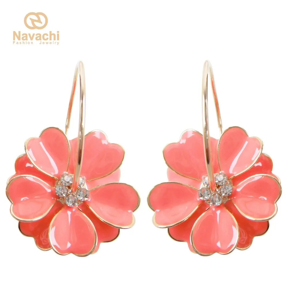 

Navachi Orange Enamel Flower Yellow GP Clear Crystal Rhinestone Hoop Hook Free Shipping Dangle Earrings SMT2430