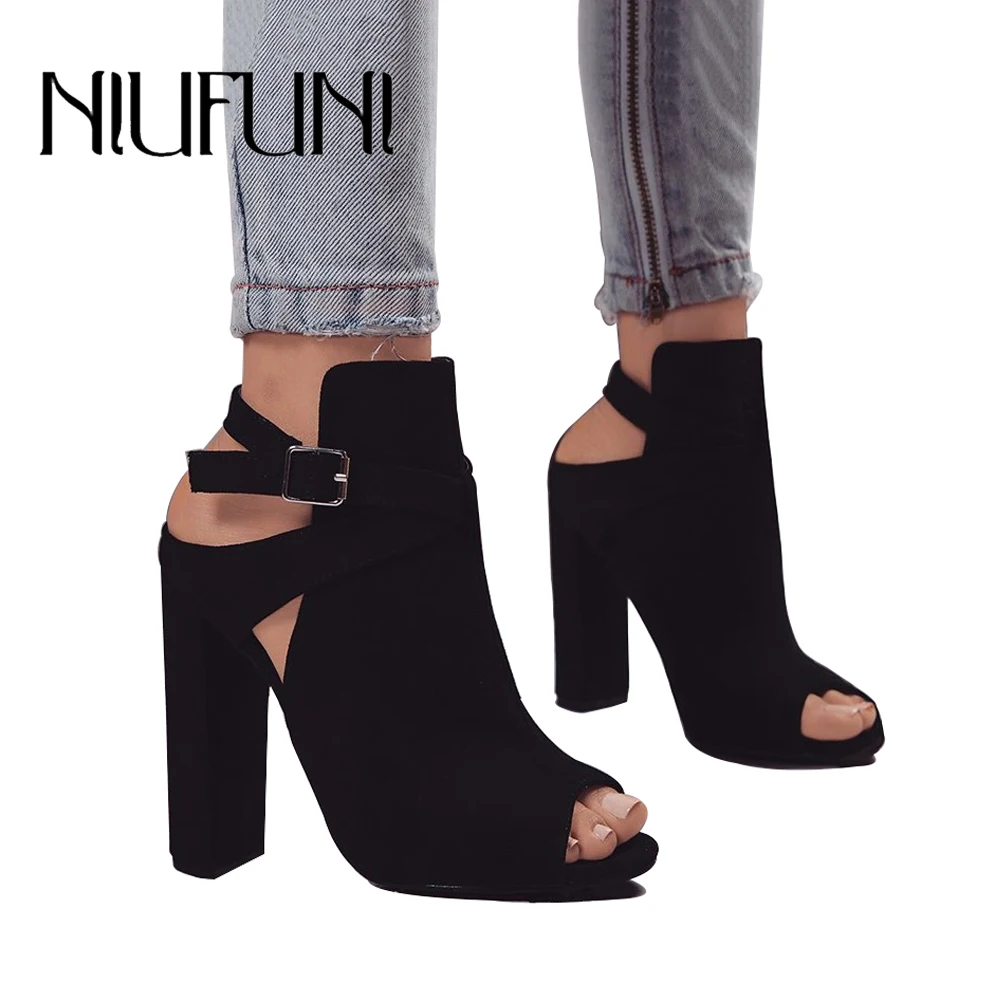 

2018 New Sexy Fashion Women Peep Toe 11.5cm High Heel Sandals Flock Thick Square Heels Shoes Women Sandals Gladiator Style