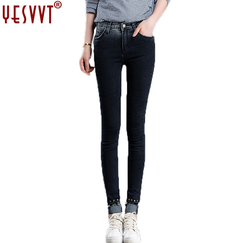 

YESVVT full Length jeans High waist slim denim skinny pencil pants vintage Trousers washed women casual with pockets soft Female