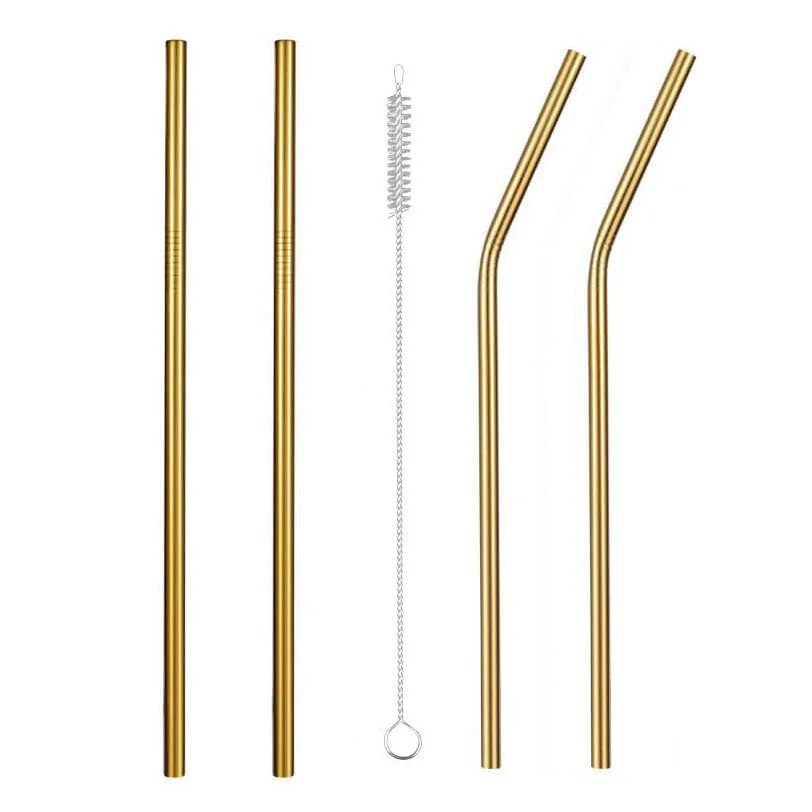 Reusable 304 Stainless Steel Drinking Straw Bar Party Metal Straw with Cleaner Brush For Mugs Sturdy Bent Straight Straws - Цвет: Gold B s2b2 4PCS