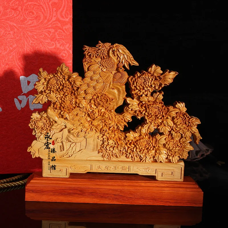 

Wood carving crafts Peacock peony figure, home decoration desktop ornaments(A065)