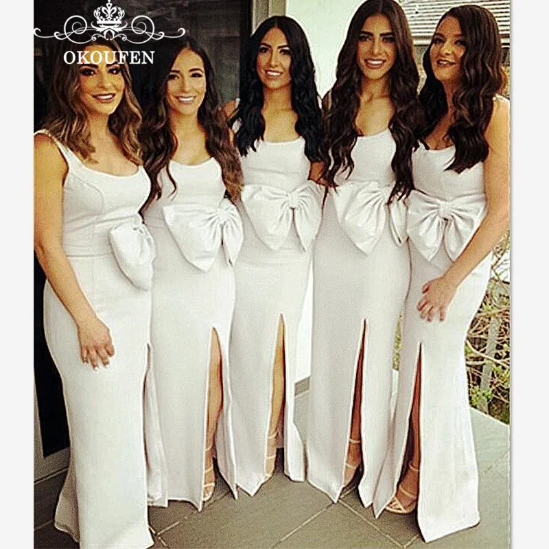 

2019 White Mermaid Bridesmaid Dresses With Big Bow Spaghetti Strap Side Split Cheap Long Party Dress Maid Of Honor For Women