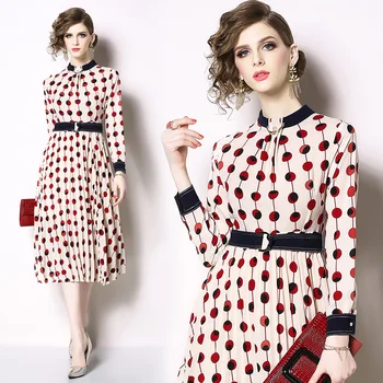 

Spring New Women Chiffon Dress Slim A-line Casual Dots Printed Sashes Stand Collar Female Mid Dress Office Lady Elegant Dresses