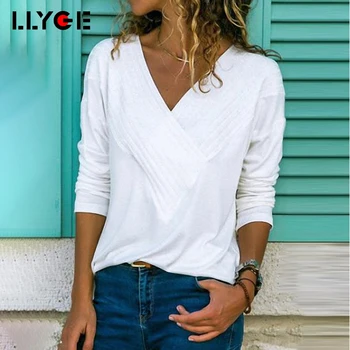 

LLYGE Cotton Basic Women's Blouse Solid Long Sleeve V-Neck Female Loose Top 2020 Spring Autumn Casual Lady Blouses Plus Size 5XL