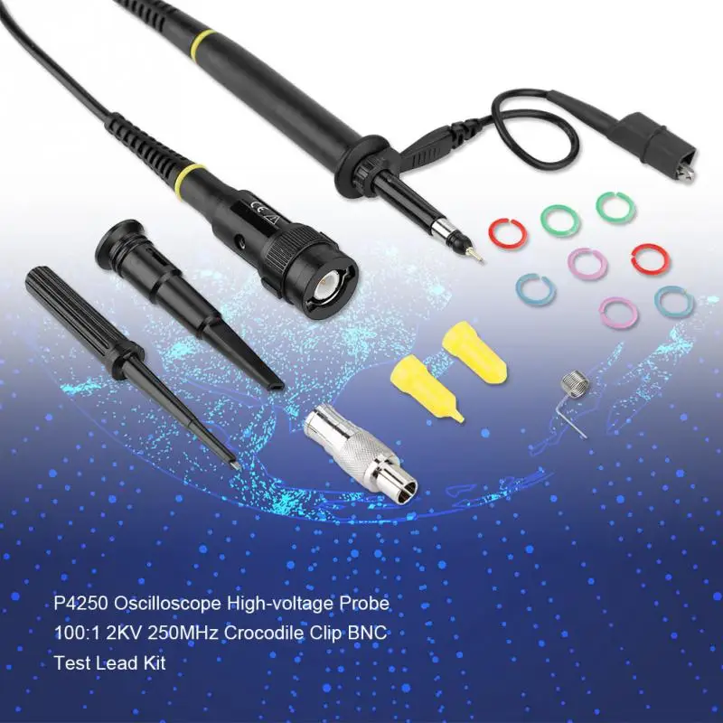 Oscilloscope Probe Kit,P4250 Oscilloscope High-Voltage Probe 100:1 2KV 250MHz Crocodile Clip BNC Test Lead Kit