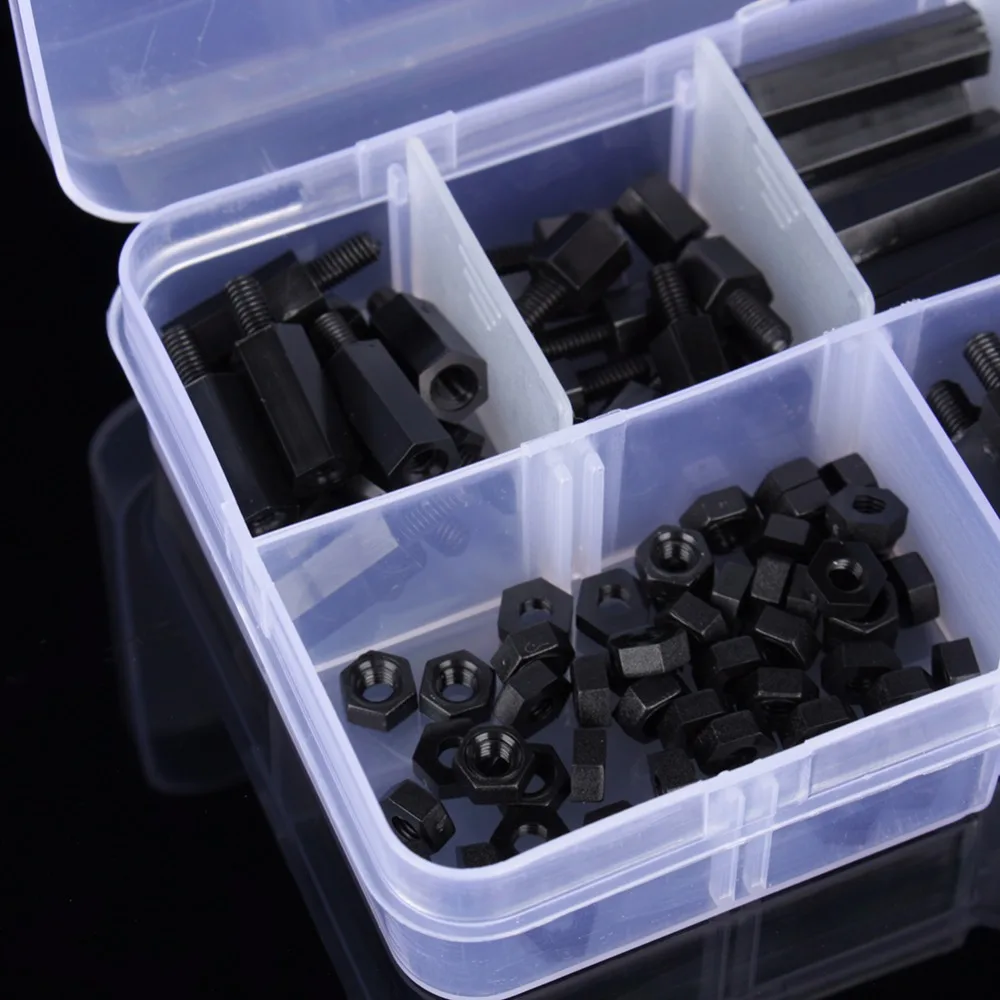160Pcs/Set M3 Nylon Black M F Hex Screw Nut Stand off Spacers