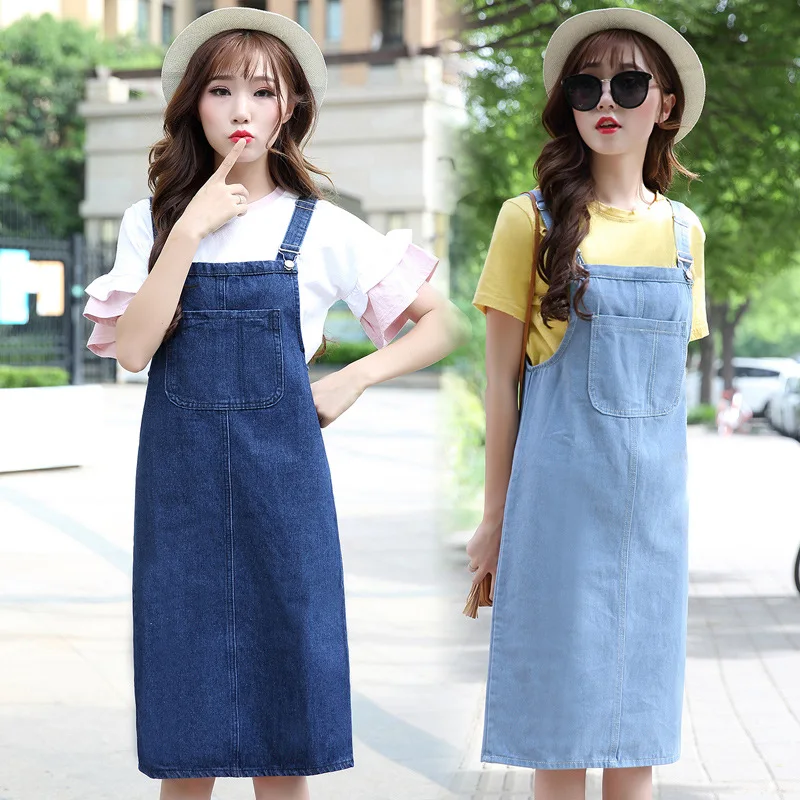 

New Women Summer Denim Dress Casual Straight Long Denim Sundress Blue Bib Suspender Jeans Overalls Dress G041101