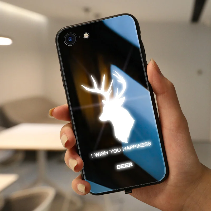 Yagoo умный светодиодный светящийся чехол для телефона для iPhone 7 8 Plus чехол s задняя крышка для Apple с животным узором Funda роскошный стеклянный силиконовый чехол - Цвет: Happy
