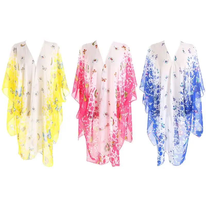 

Womens Half Sleeves Swimsuit Cover Up Gradient Candy Colored Little Butterfly Printed Kimono Cardigan Side Split Oversized Loose