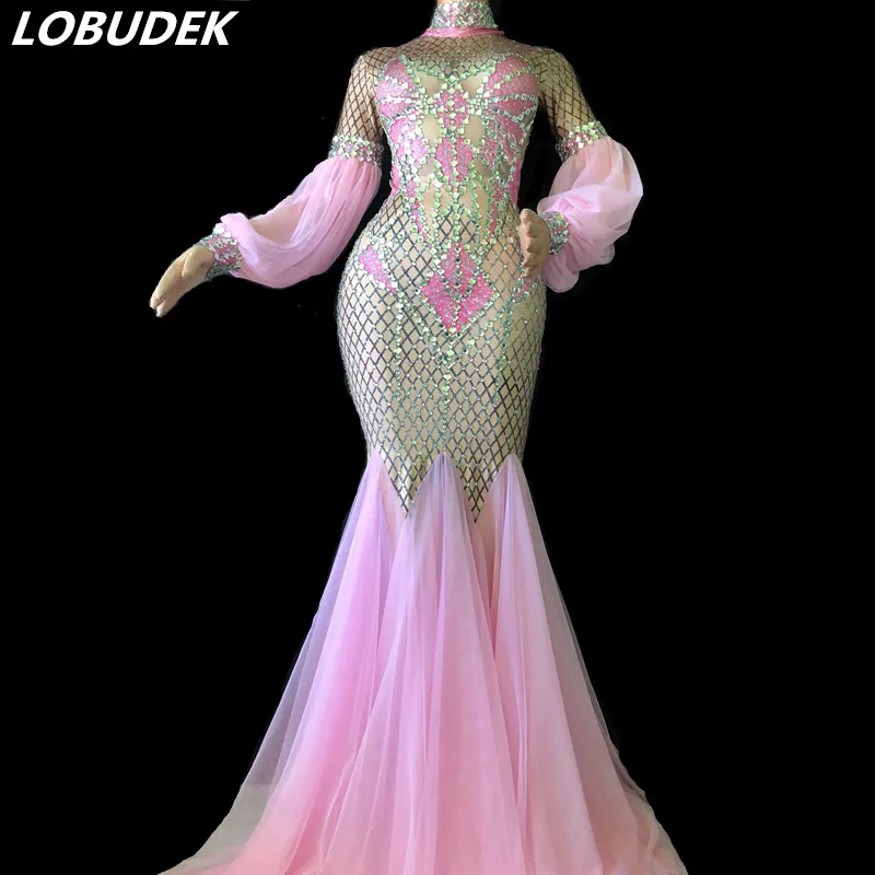 

Sexy Pink Trailing Dress Shining Crystals Dress Nightclub Women Singer Star Stage Costume Prom Party Catwalk Performance Costume