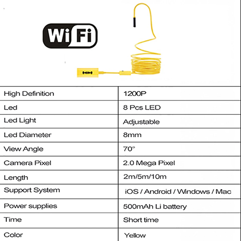 Antscope желтый 1200P HD 8 мм Wifi эндоскоп камера черный 7 мм Usb инспекционный эндоскоп Водонепроницаемая эндоскопическая камера для мобильного 30