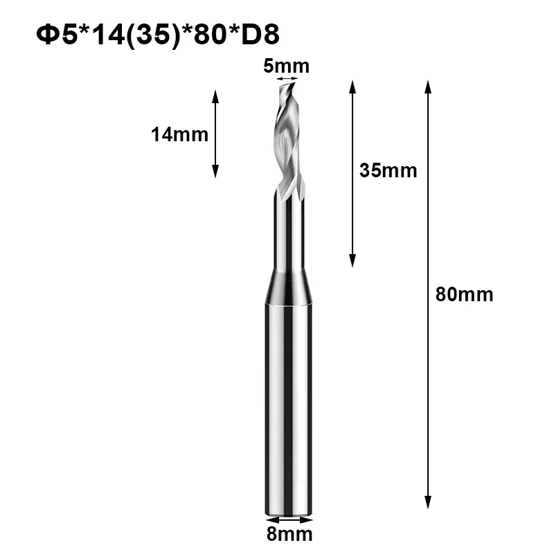 

3pcs 5MM*14C*8D*80L One Flute Aluminum Milling Cutter CNC End Mills for Aluminum Alloy Copper Cutting 8MM Shank HSS Router Bit