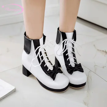 

Japanese sweet style comfortable round head ankle boots fashion color matching bowknot med heel thick women's riding boots