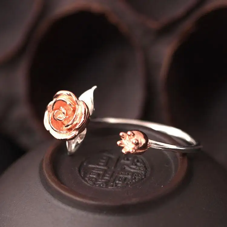 925 Sterling Silver Rose Flower Open Rings For Women High Quality Fashion Style Lady Gift Prevent Allerg Sterling-silver-jewelry - Цвет основного камня: Rose Gold