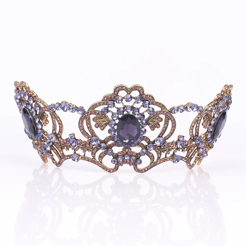 Vintage Purple Gem Stone Baroque Tiaras Crystal Bridal Hair Accessories