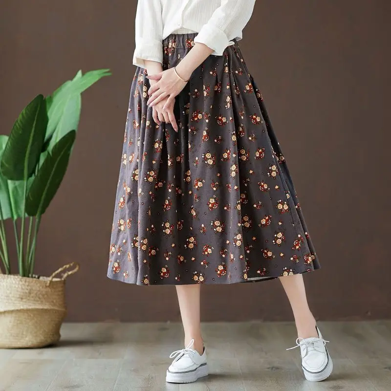 Faldas длинные юбки женские осень весна японский Стильный свежий дизайн длинная юбка трапециевидной формы с принтом jupe femme - Цвет: Синий