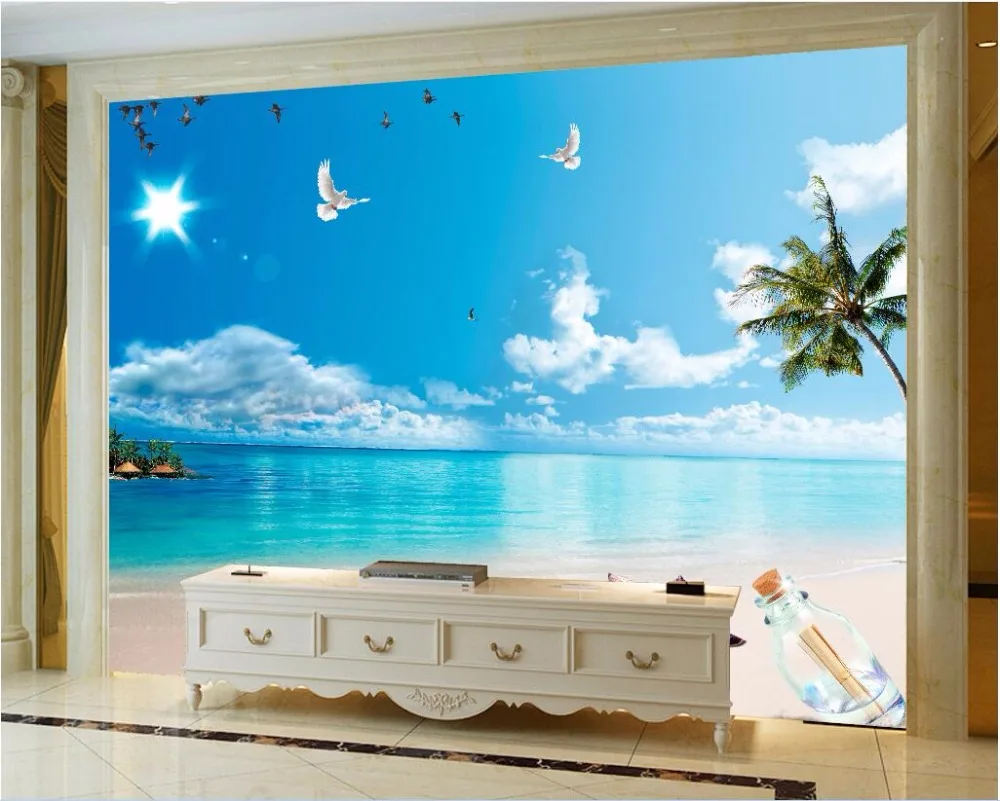 Kustom Foto Desain 3d Mural Dinding Wallpaper Laut Pantai Biru