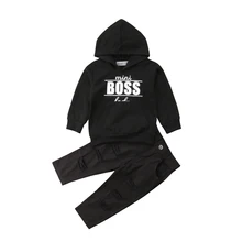 Комплект одежды для новорожденных из 2 изделий для маленьких мальчиков мини-юбка для девочек с надписью Boss: толстовка с капюшоном отверстие комплекты с длинными штанами, комплект одежды