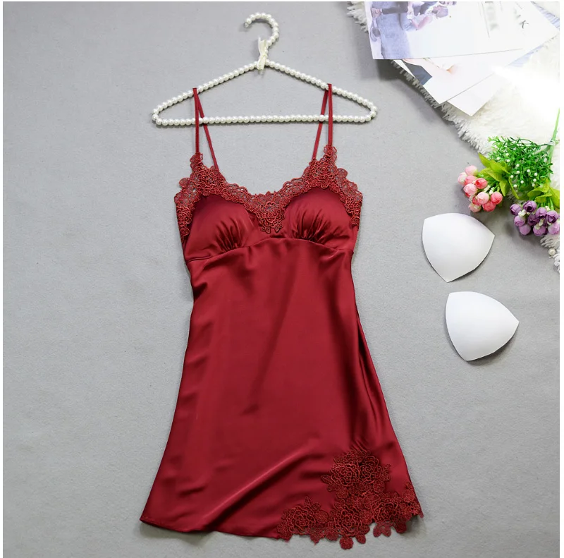 Sexy Silk Lace Sleepwear Dress Women Summer Solid Satin Nightgown Spaghetti Strap Sleeveless Nightwear Lingerie Sexy Night dress (15)