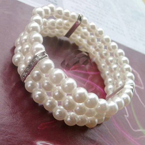 

Fashion 3 Rows Faux Pearl Rhinestone Decor Elastic Stretchy Bangle Bracelet