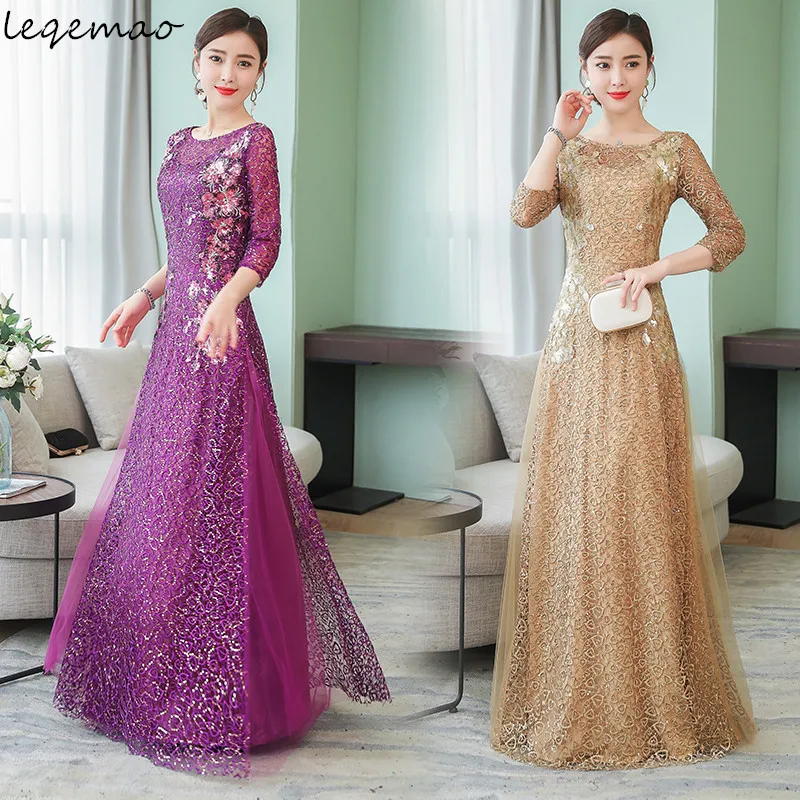 

2019 Summer Woman Dress Gold Silk Veil Dresses Round Collar Purple And Gold Evening Long Dress Elegant Vestidos Robe De Soiree S