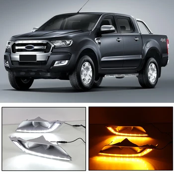 

CAPQX 1Pair For Ford Ranger 15-18 LED Daytime Running Light Turning Signal Lamp DRL Day Light Front Bumper Fog Light Cover Frame