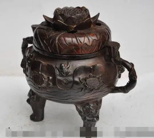 

S1154 6" chinese bronze lotus flower frog bufo toad beast statue Incense Burner Censer