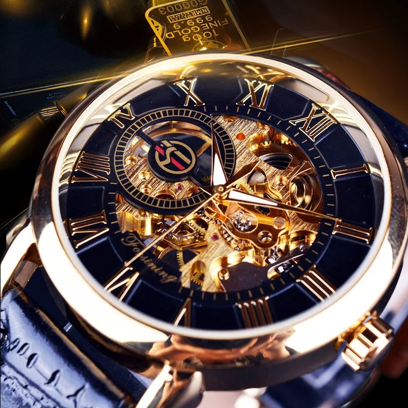 

Forsining Men Watches Brand Luxury Mechanical Skeleton Watch Black Golden 3d Literal Design Roman Number Black Dial Designer