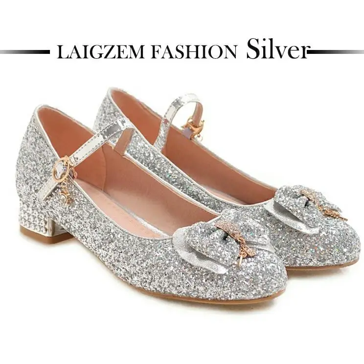 LAIGZEM/элегантная обувь для девочек; блестящие детские сандалии для принцессы; обувь на низком каблуке; вечерние танцевальные туфли с бантом; Meisjes Schoenen - Цвет: LGZ85 Silver