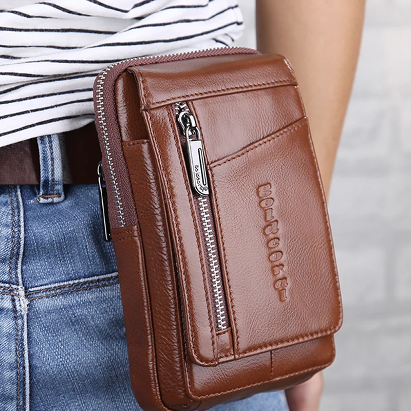 Genuine Leather Waist Belt Bags Men Small Fanny Pack Phone Pouch Wallet