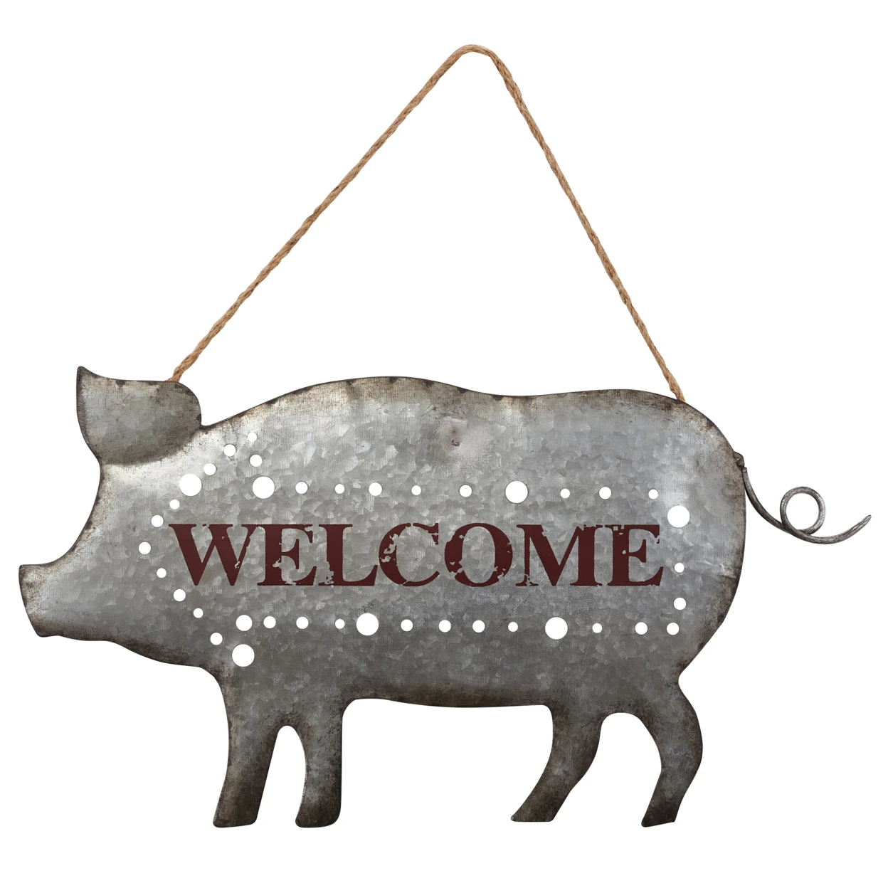 Strikingly Punctuated Wrought Iron Galvanized Welcome Pig, Grey