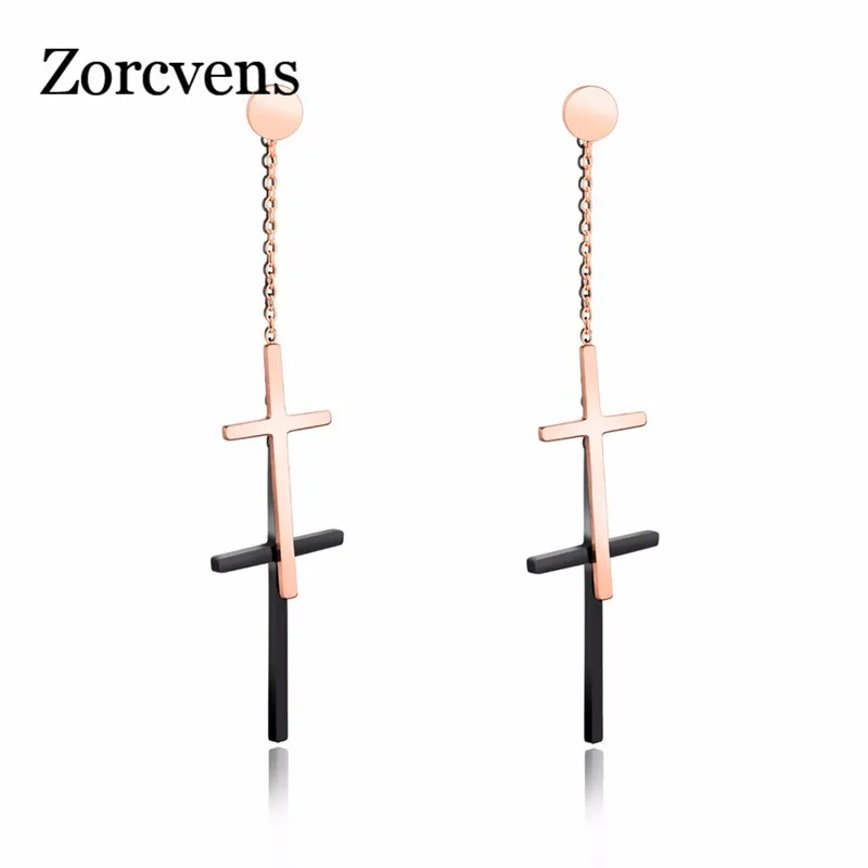

ZORCVENS Girls Black Rose Gold Color Cross Dangle Drop Earrings for Women