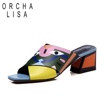 

ORCHA LISA Genuine leather summer Outside slippers women chunky heel Open toe Slip on Party vocation slides zapatillas mujer