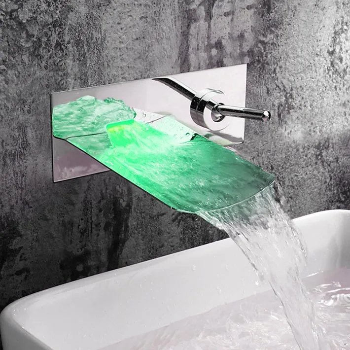 

Concealed torneiras Basin Waterfall Led Faucet. Wall Mounted 3 Colors Changed Led Water Power Bath Sink Mixer water tap
